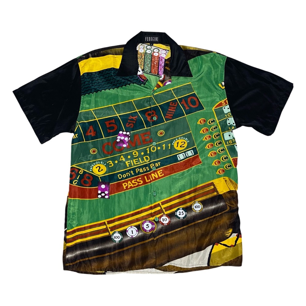 Ferugini Mens‎ Casino Craps Table Print Button Down Shirt Green Black Size L
